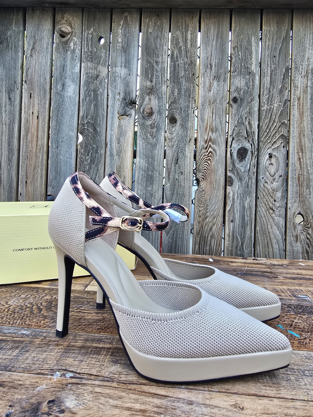 Cozy Island Women’s Beige Knit High Heels with Ankle Strap Heels Size 5